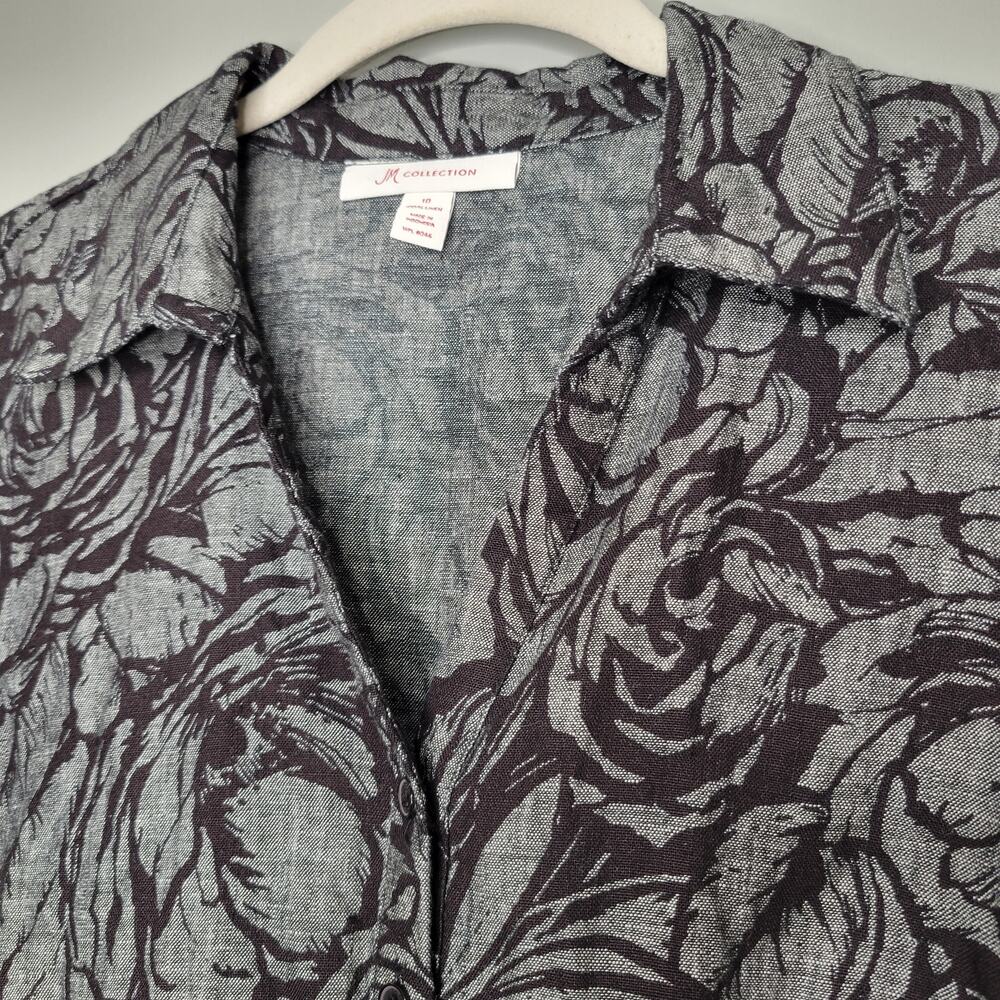 JM Collection Linen Jacket Women's Size 10 Black Gray Dark Floral Button Front - Picture 4 of 14